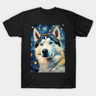 Siberian Husky Painting Dog Breed in a Van Gogh Starry Night Art Style T-Shirt